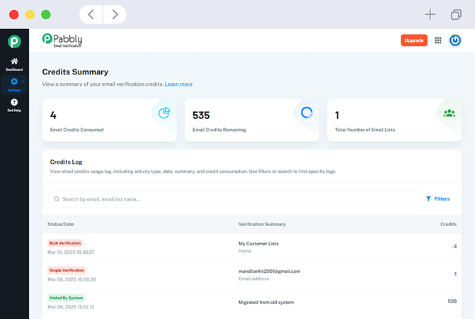 Verification credit summary
