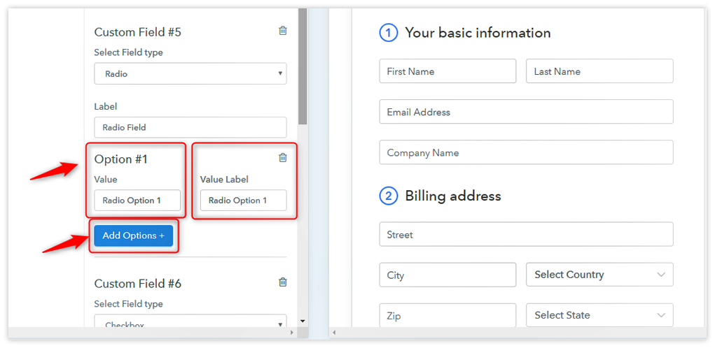 select field, radio field, and checkbox field