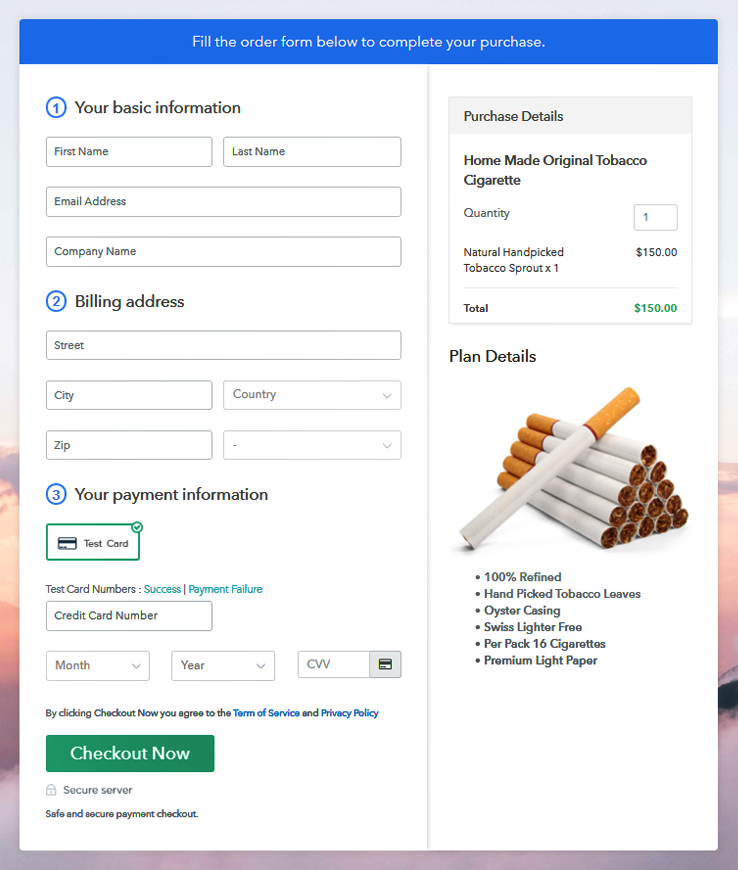 Checkout Page to Sell Cigarettes Online