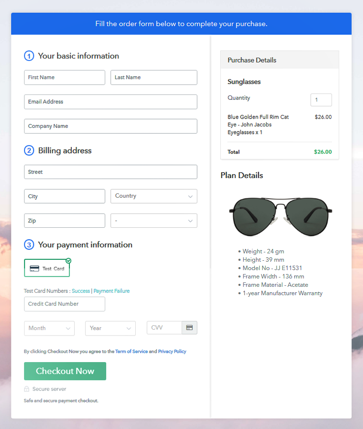 Checkout Page Preview to Sell Sunglasses Online