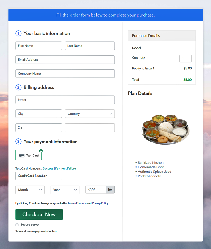Checkout Page Preview to Sell Food Online