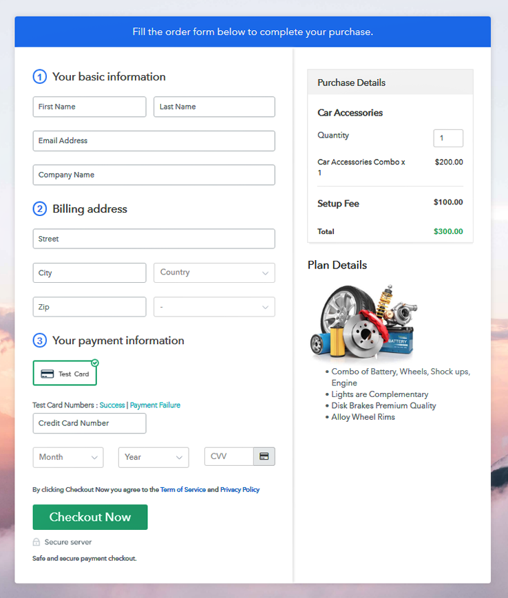 Checkout Page to Sell Auto Parts Online