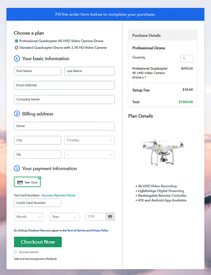 Multiplan Checkout Page to Sell Drone