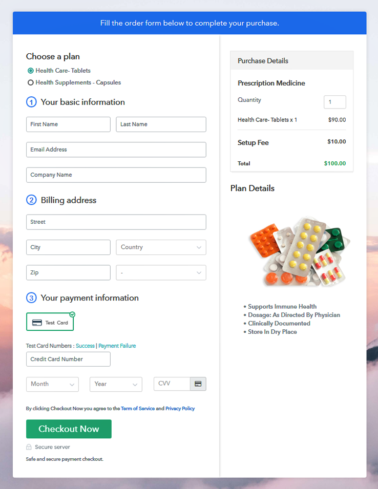 Multiplan Checkout Page to Sell Medicine Online