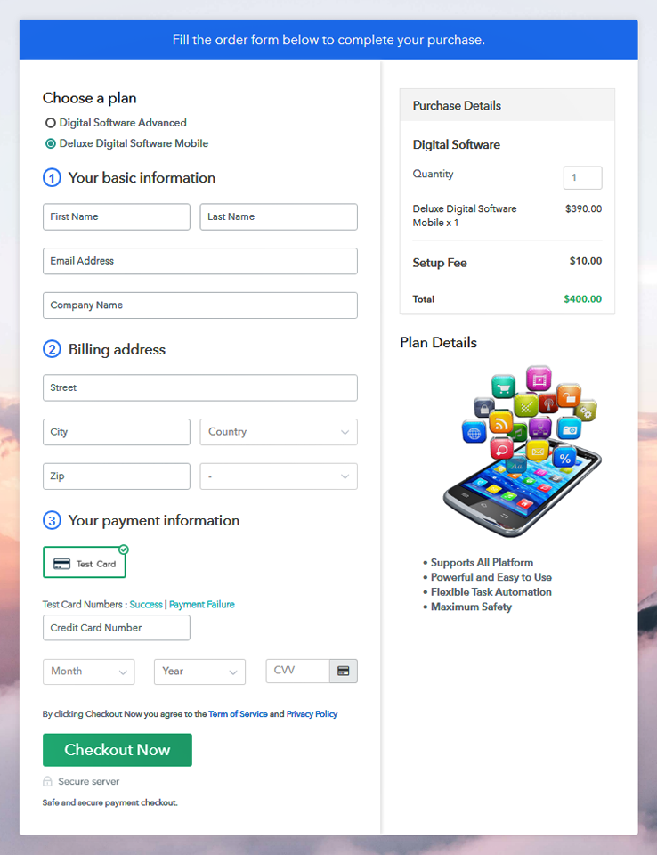 Multiplan Checkout Page to Sell Software Online