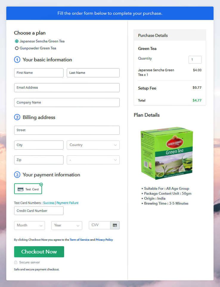 Multiplan Checkout Page to Sell Tea Online