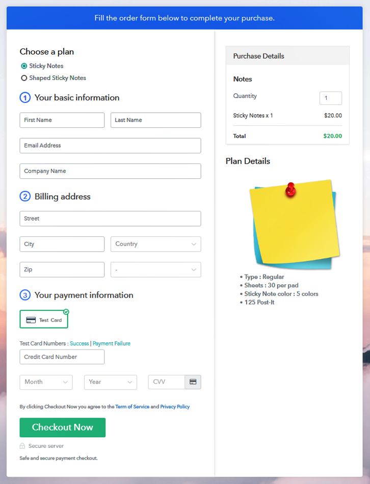 Multiplan Checkout Page to Start Notes Business Online
