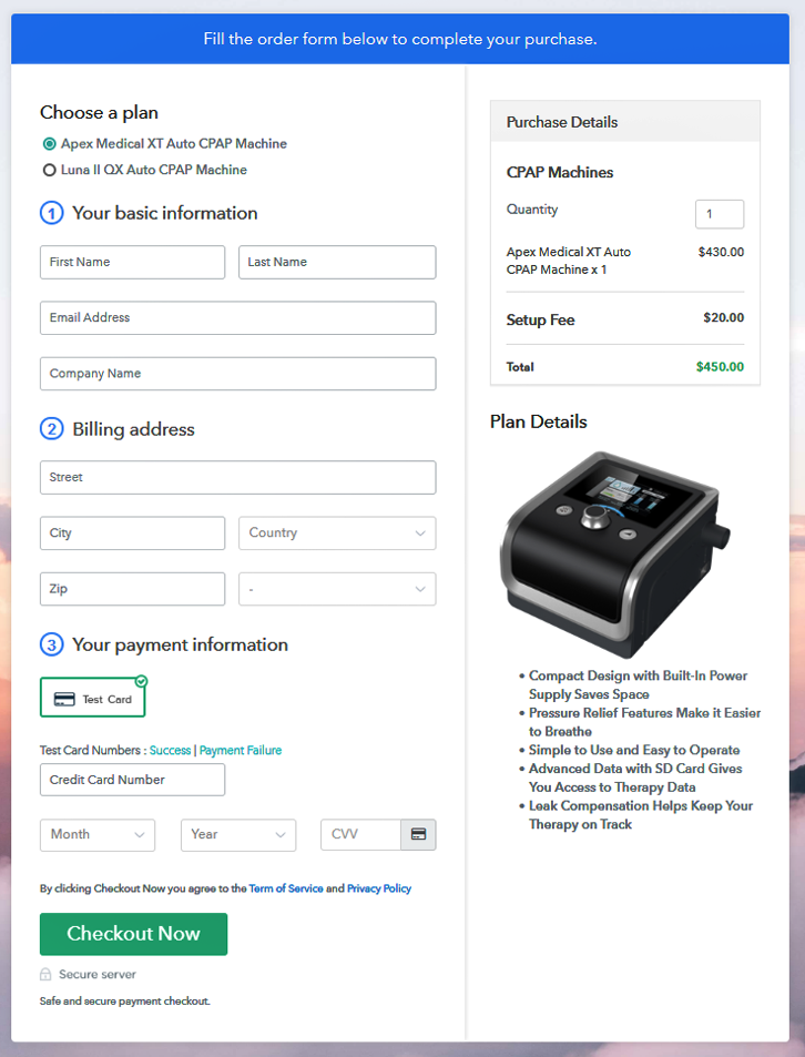 Multiplan Checkout Page to Sell CPAP Machines Online