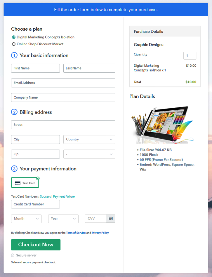 Final Multiplan Checkout Page to Sell Graphic Designs Online