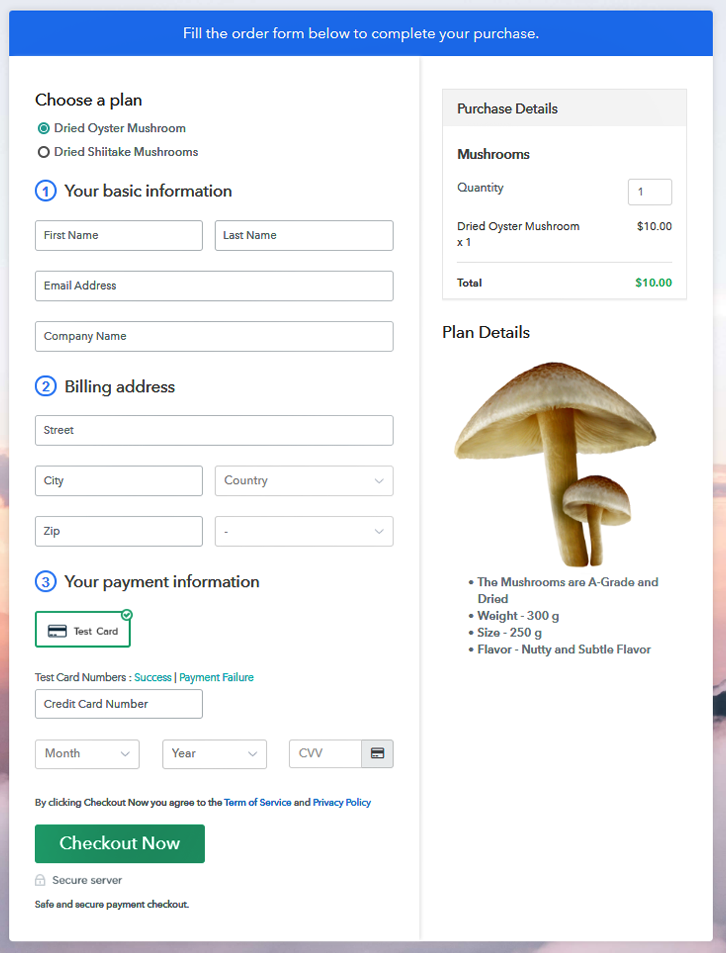 Multiplan Checkout Page to Start Mushroom Business Online