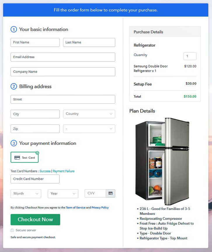 Checkout Page to Sell Refrigerators Online