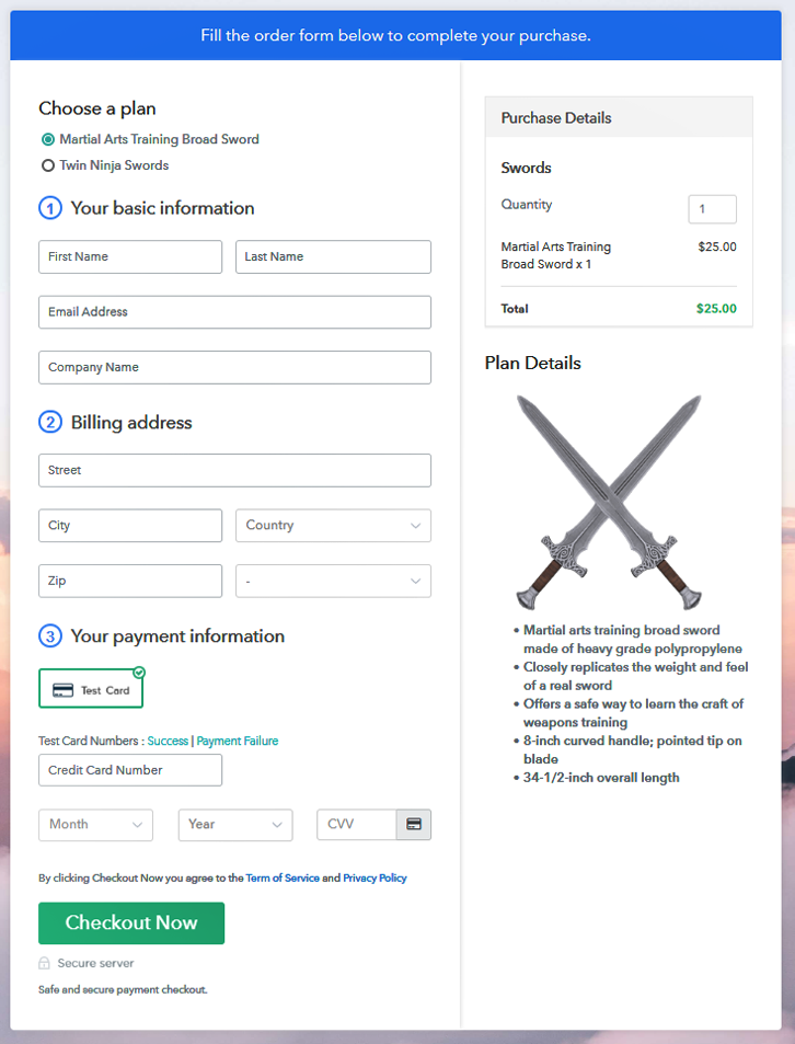 Multiplan Checkout Page to Start Swords Business Online