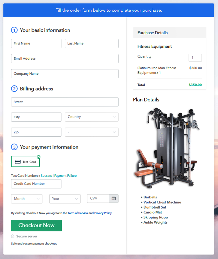 Checkout Page to Sell Fitness Equipments Online 