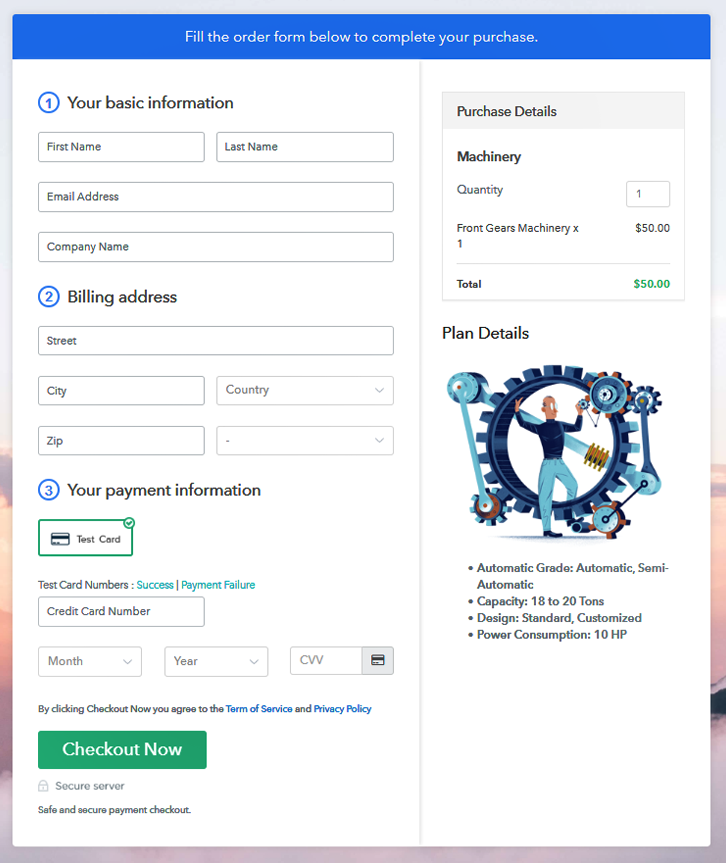 Checkout Page to Sell Machinery Online