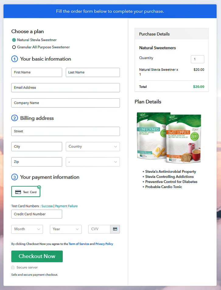 Multiplan Checkout Page to Start Natural Sweeteners Business Online
