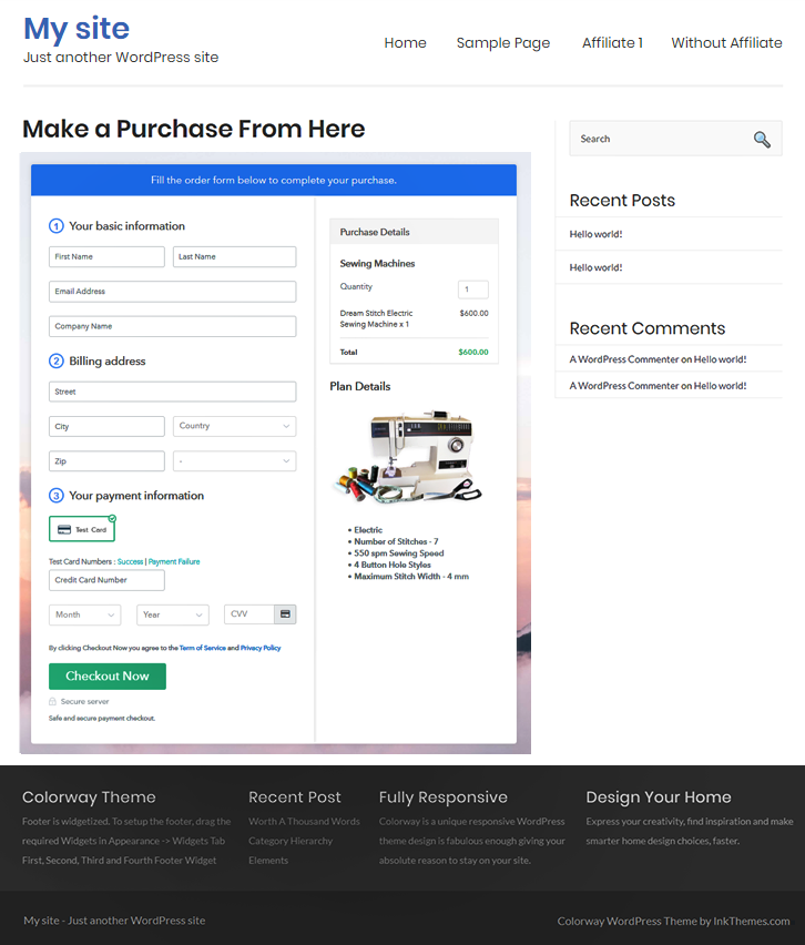 Checkout Page on WordPress Site to Sell Sewing Machine Online