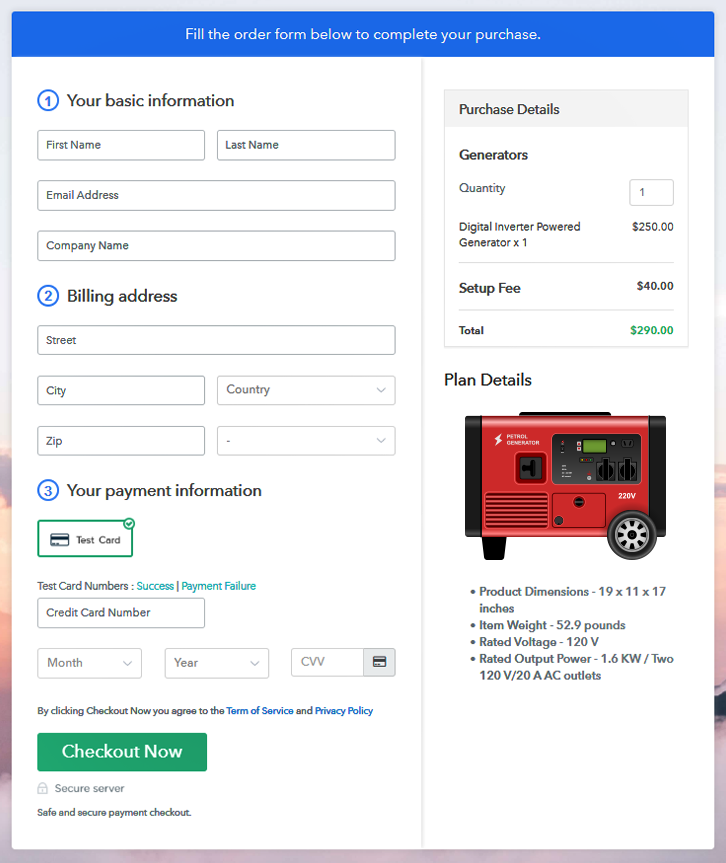 Checkout Page to Sell Generators Online