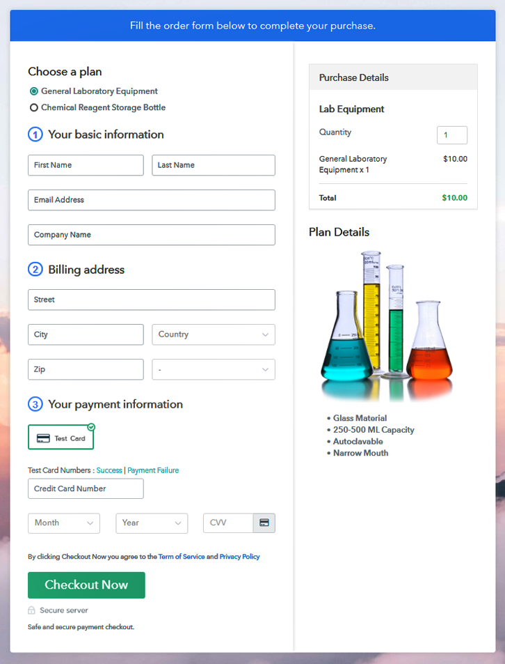 Multiplan Checkout Page to Sell Lab Equipment Online
