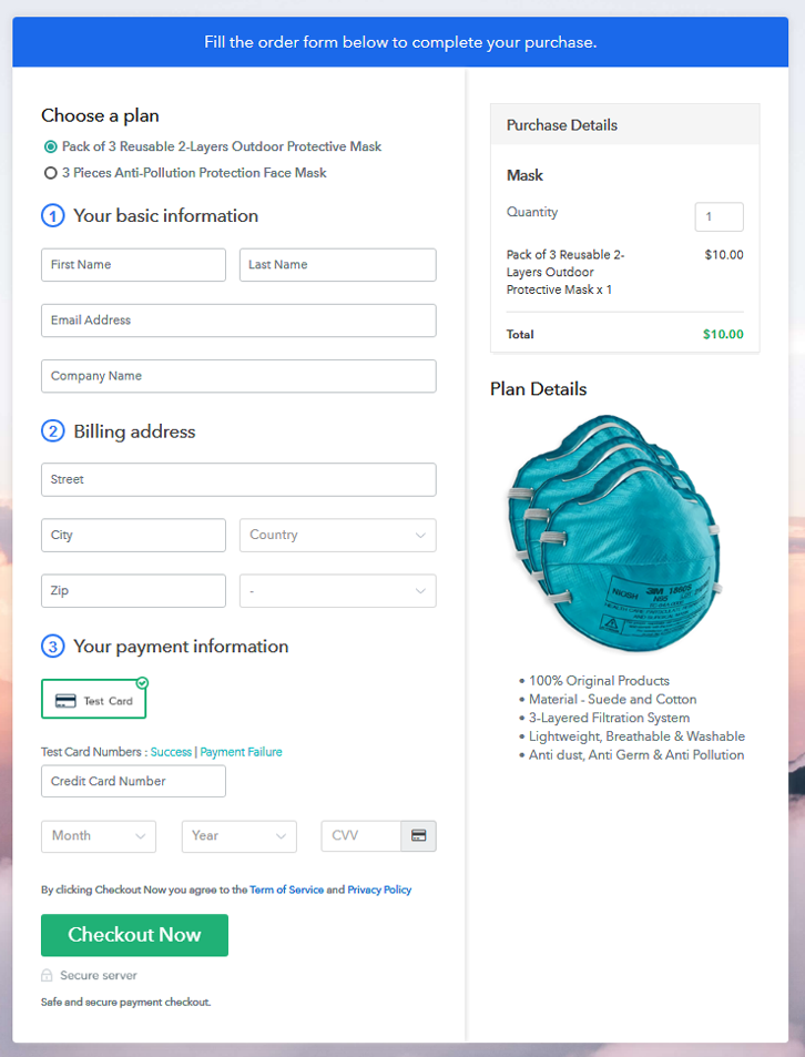 Multiplan Checkout Page Preview to Sell Masks Online