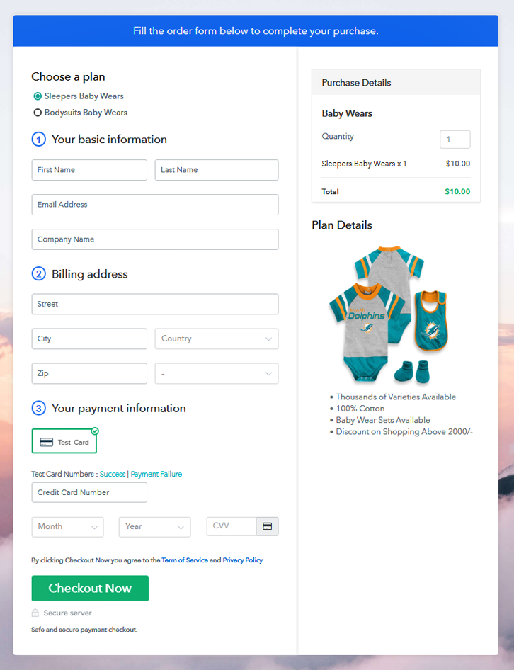 Multiplan Checkout Page to Sell Baby Wears Online