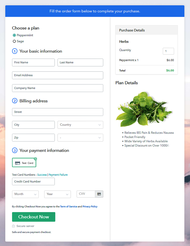 Multiplan Checkout Page to Sell Herbs Online