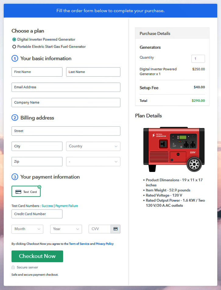 Multiplan Checkout Page to Start Generator Business Online