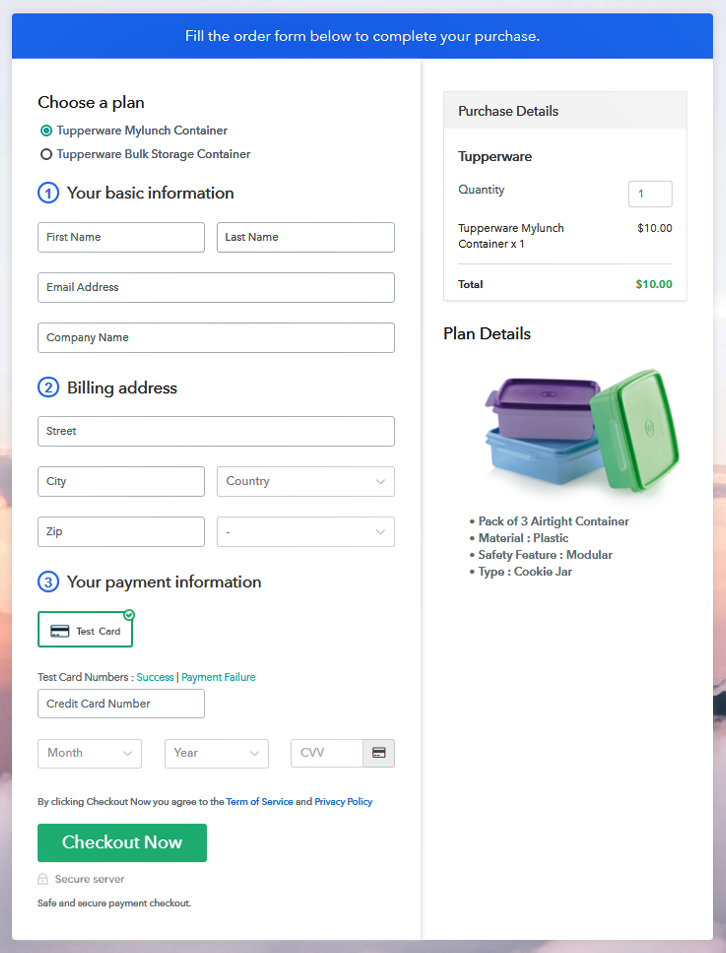 Multiplan Checkout Page to Start Tupperware Business Online