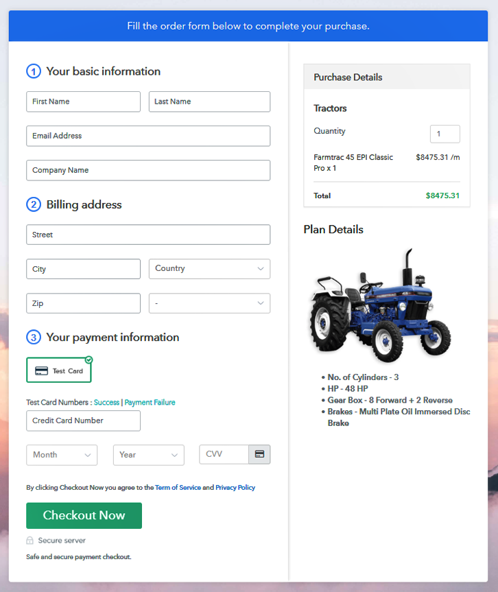 Sell Tractors Online Preview Checkout Page