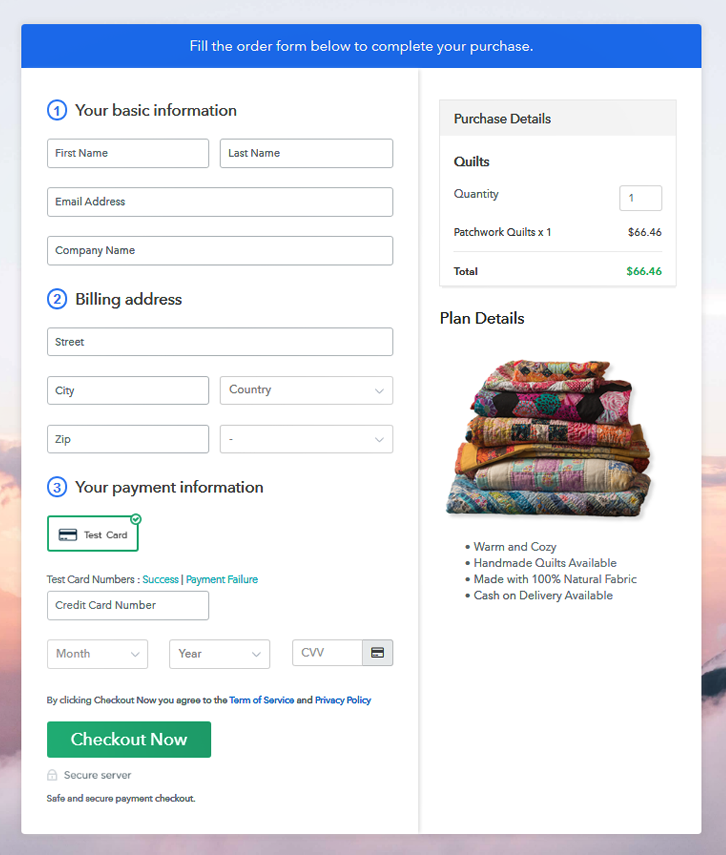Checkout Page Preview to Sell Quilts Online
