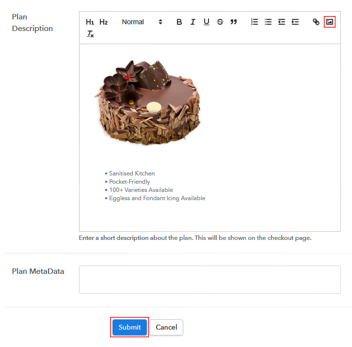 Add Image to Plan Details to Sell Cakes Online