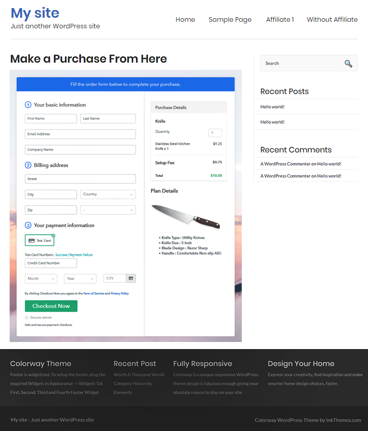 Checkout Page On Site to Sell Knife Online