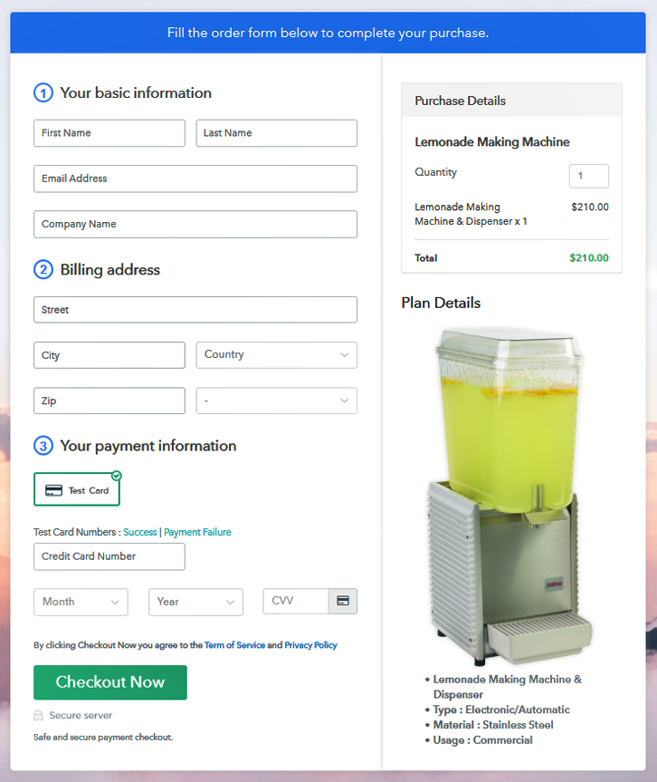 Checkout Page Preview to Sell Lemonade Maker Online