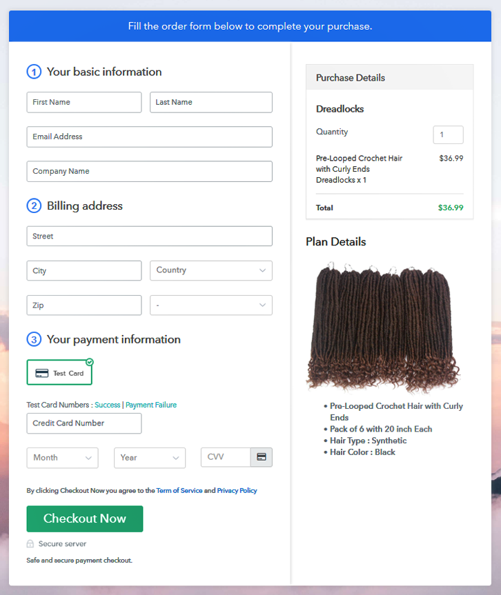 Checkout Page Preview to Sell Dreadlocks Online