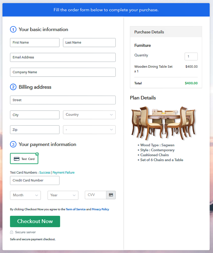 Checkout Page Preview to Sell Furniture Online