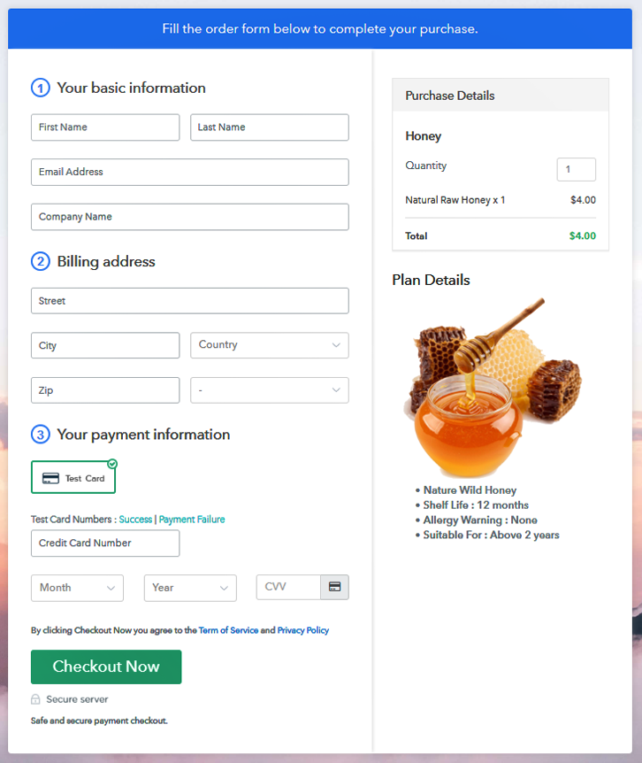 Checkout Page Preview to Sell Honey Online