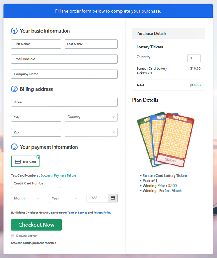Checkout Page Preview to Sell Lottery Tickets Online