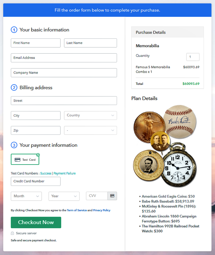 Checkout Page Preview to Sell Memorabilia Online