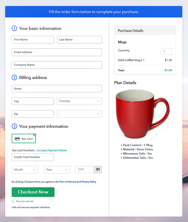 Checkout Page Preview to Sell Mugs Online
