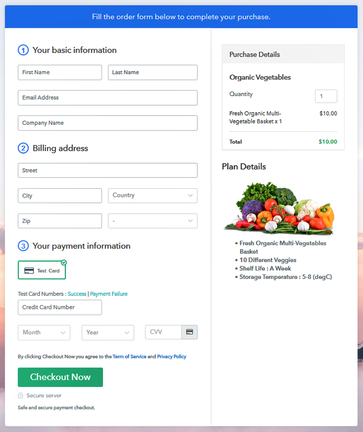 Checkout Page Preview to Sell Organic Vegetables Online