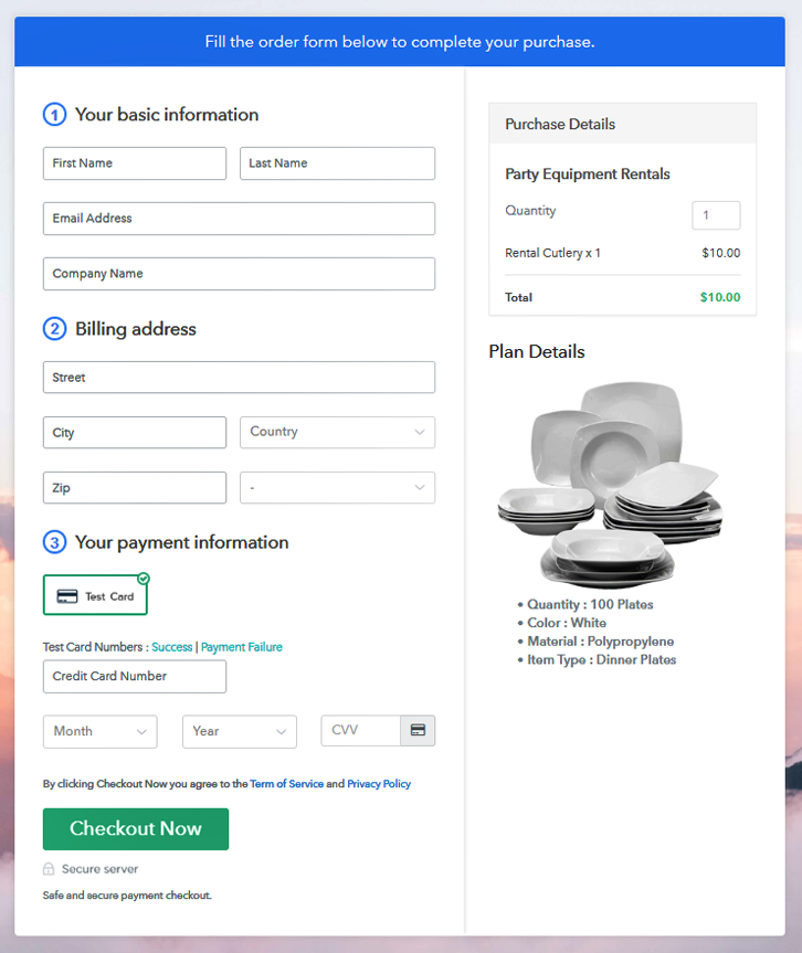 Checkout Page Preview to Sell Party Equipment Online