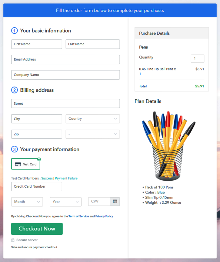 Checkout Page Preview to Sell Pens Online