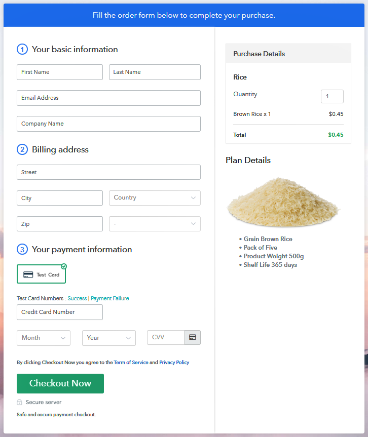 Checkout Page Preview to Sell Rice Online
