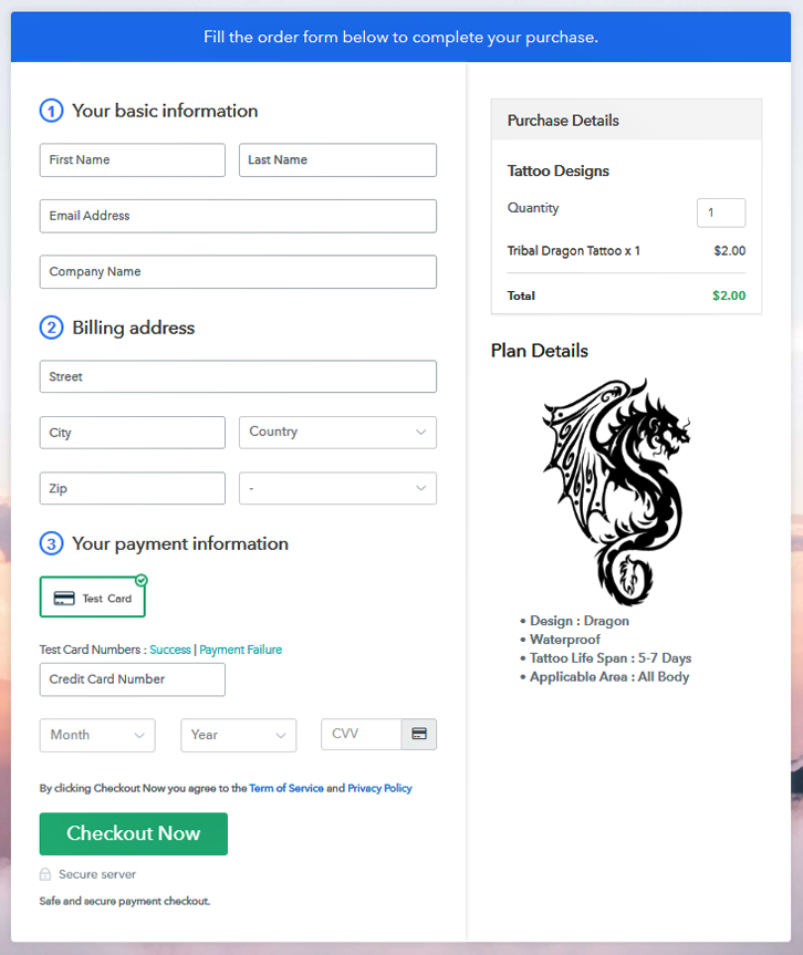 Checkout Page Preview to Sell Tattoo Designs Online