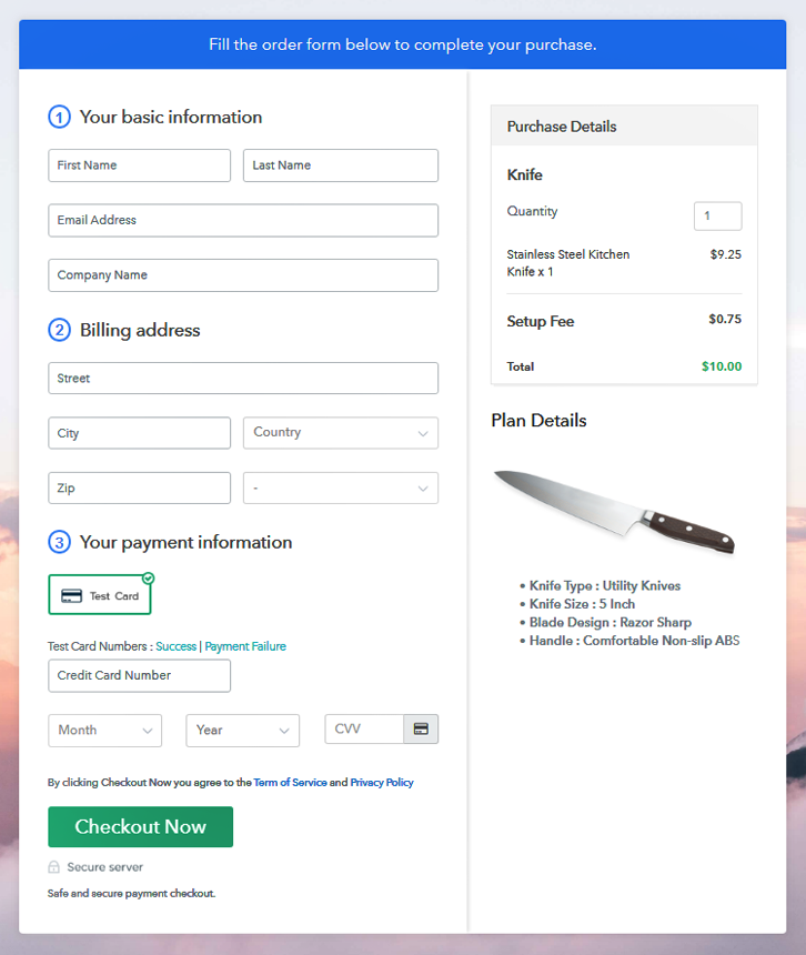 Checkout Page Preview to Sell Knife Online