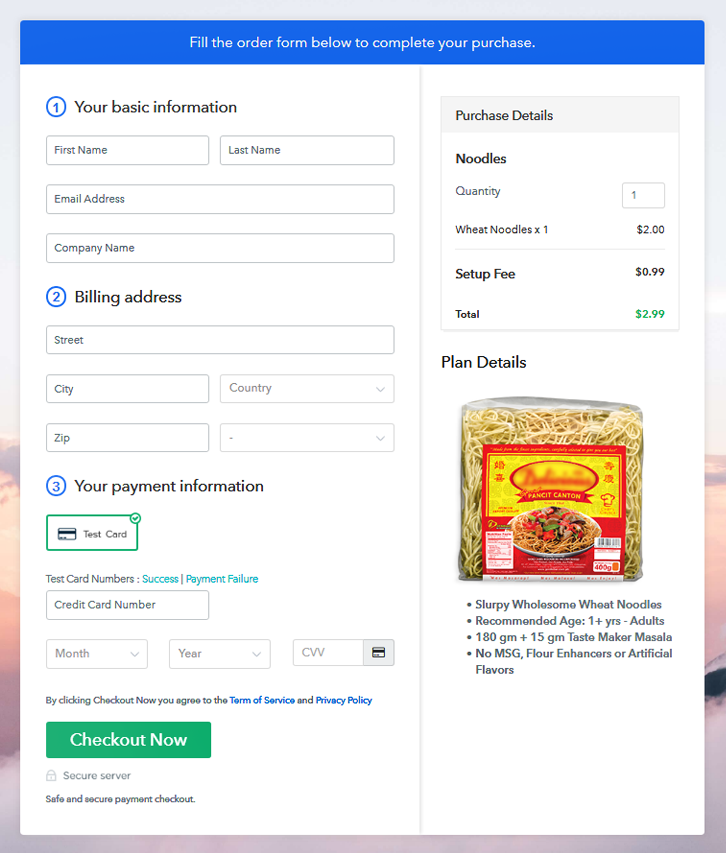 Checkout Page to Sell Noodles Online