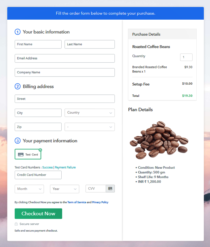 Checkout Page Preview to Sell Roasted Coffee Beans Online