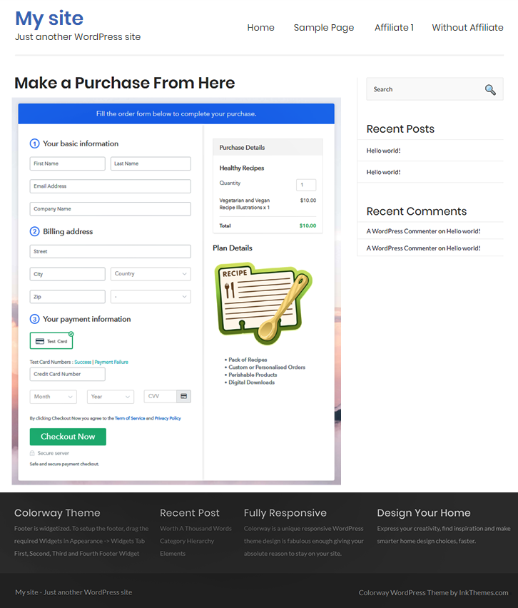 Final Look of your Checkout Page to Sell Recipes Online