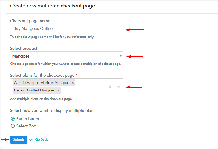 Multiplan Checkout Page to Sell Mangoes Online