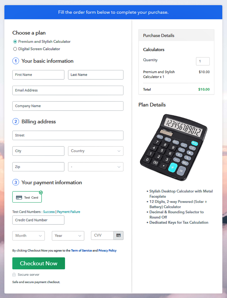 Multiplan Checkout Page to Sell Calculators Online