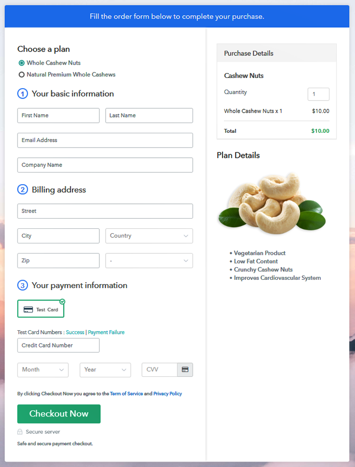 Multiplan Checkout Page to Sell Cashew Nuts Online
